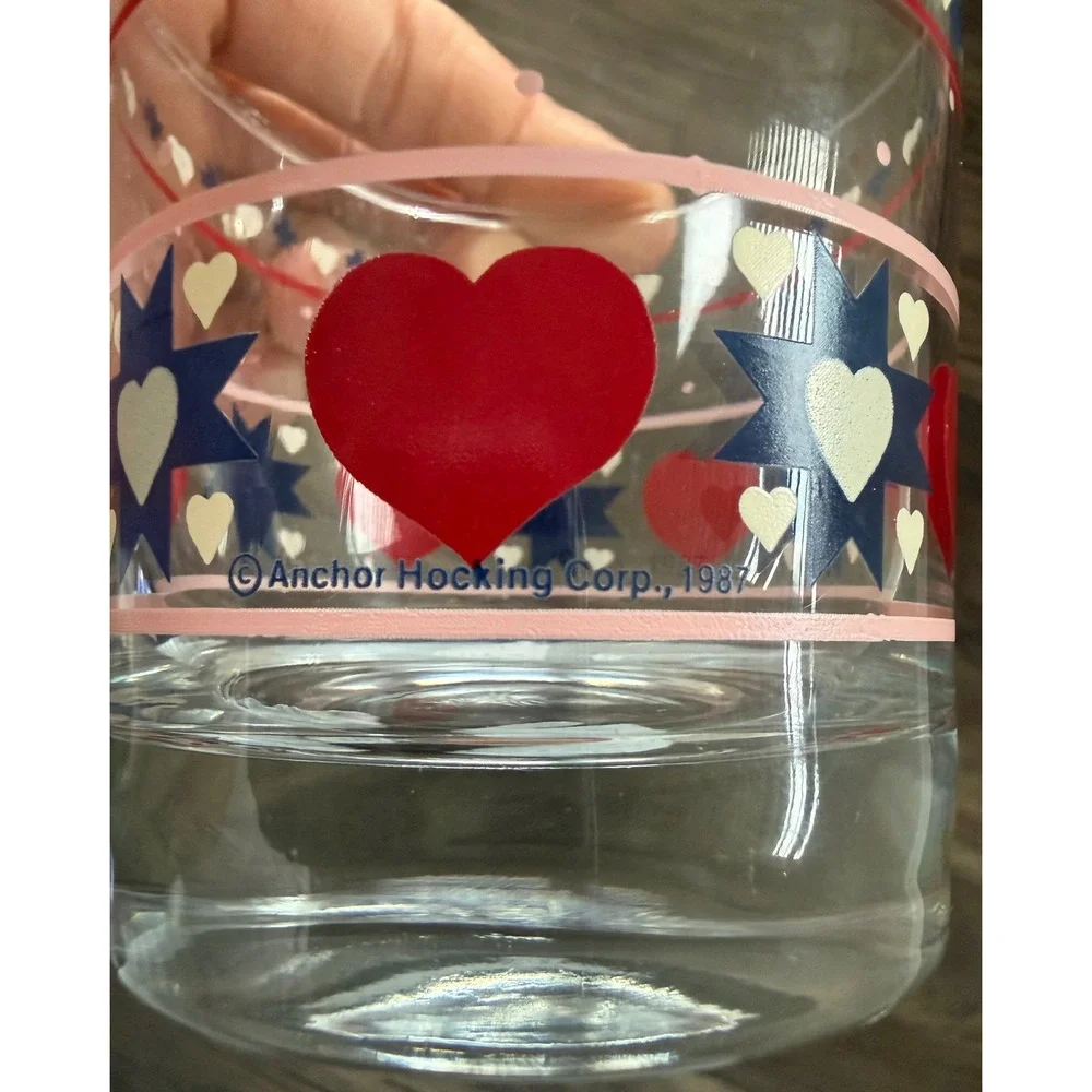 Vintage Anchor Hocking 1987 Patriotic Hearts Stars Red White Blue Tumbler Glass